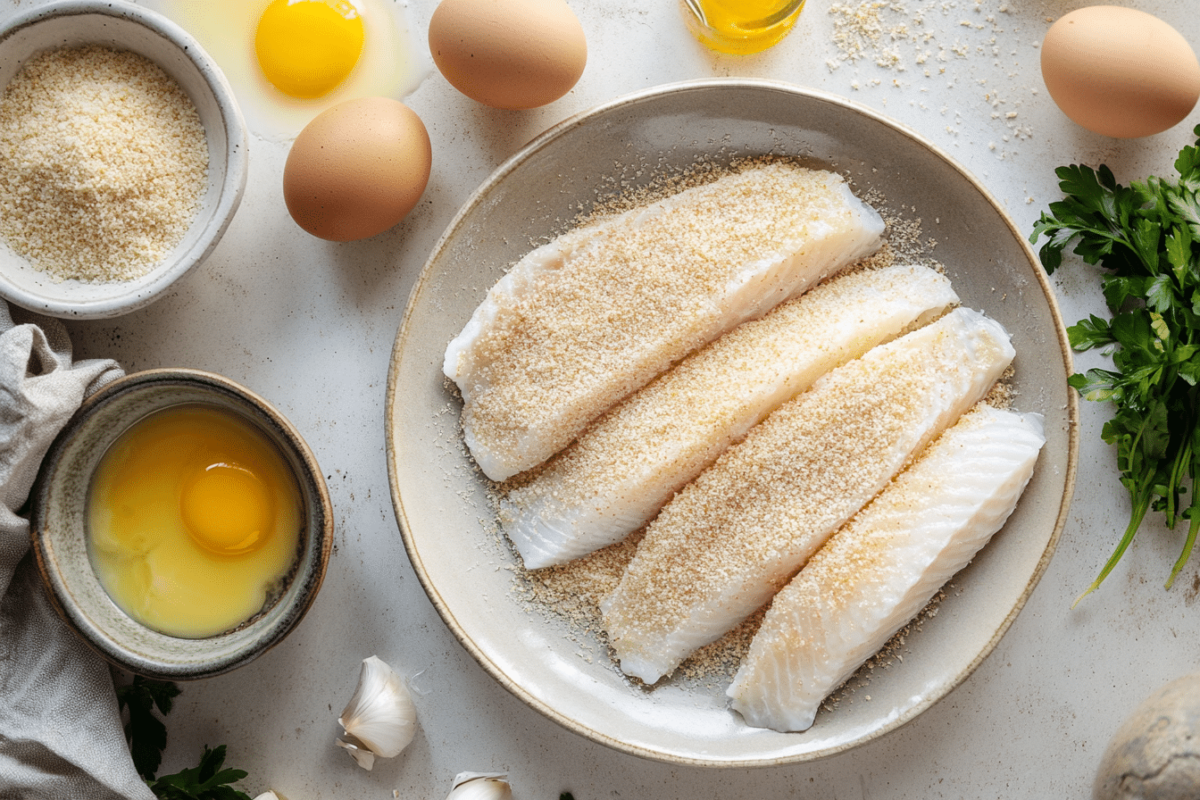Coating cod fillets with seasoned breadcrumbs for air frying.