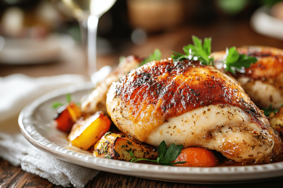 Caramelized Brown Sugar Italian Chicken on a plate with roasted vegetables.