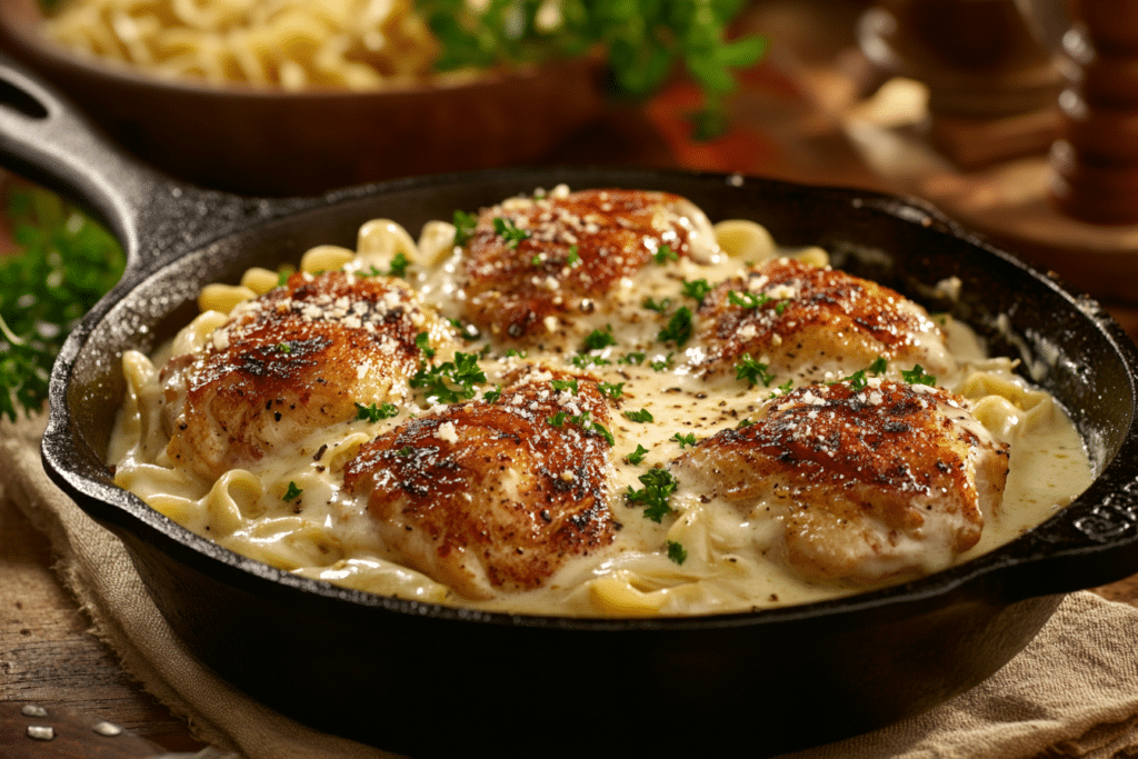 Skillet Chicken & Creamy Noodle Delight in a cast-iron skillet