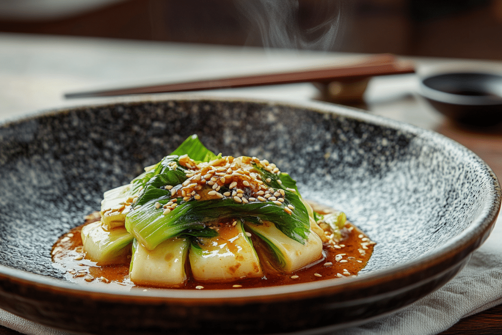 Bok choy with garlic sauce in a ceramic bowl