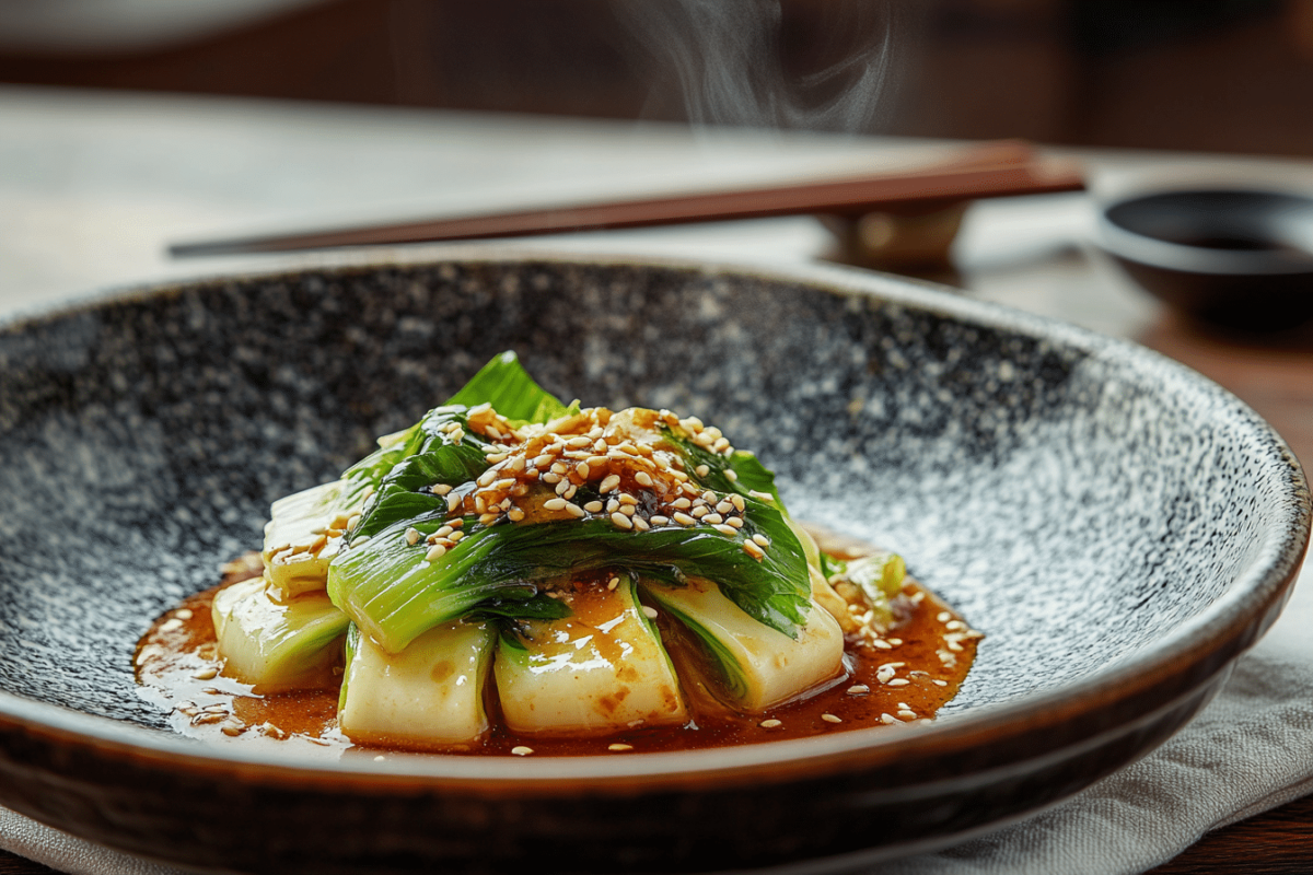 Bok choy with garlic sauce in a ceramic bowl