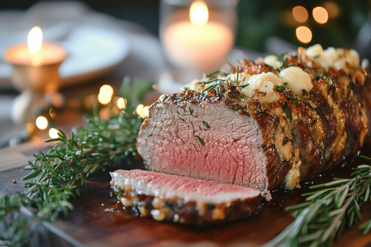 Herb butter beef tenderloin roast sliced on a wooden board.