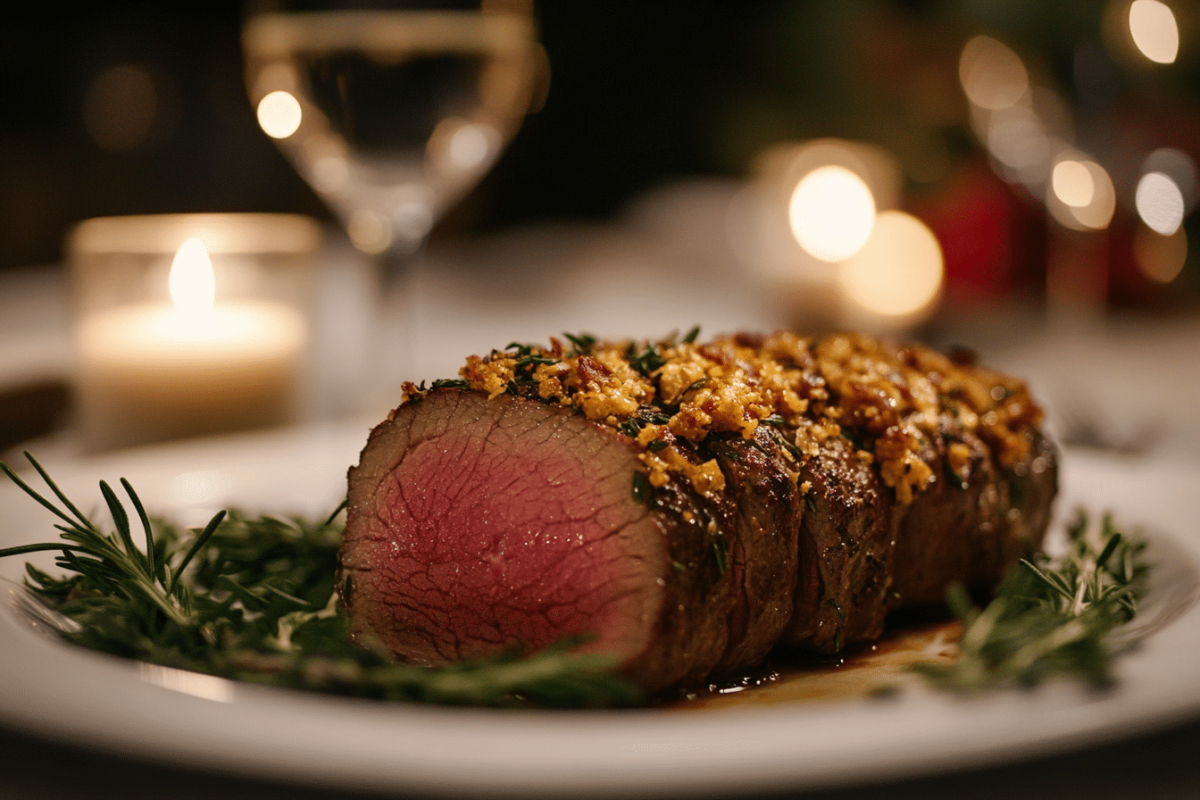  Sliced beef tenderloin roast served with roasted potatoes and asparagus.