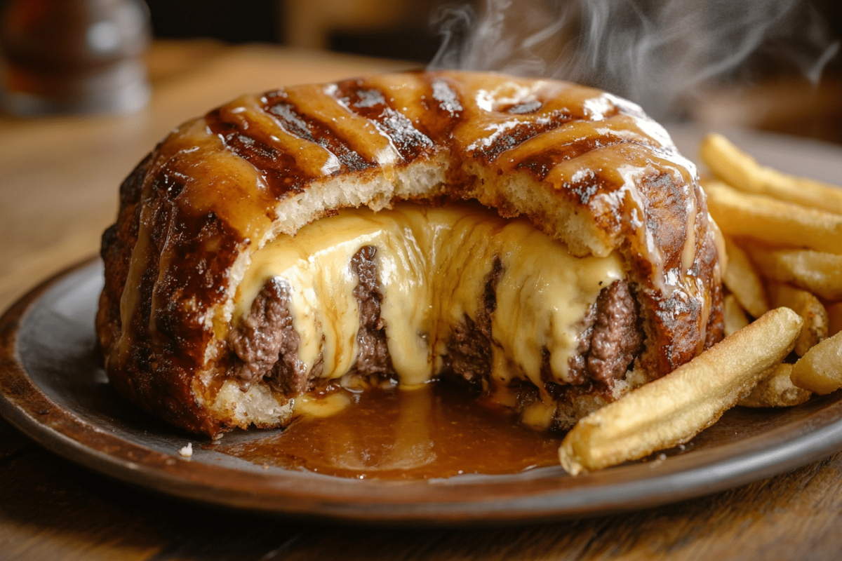 Sliced maple beef cheeseburger bomb with fries and glaze