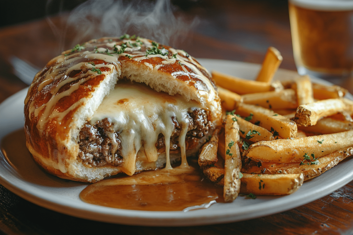 Sliced maple beef cheeseburger bomb with fries and glaze