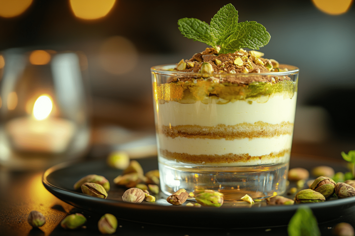 Elegant presentation of pistachio tiramisu with edible gold leaf.