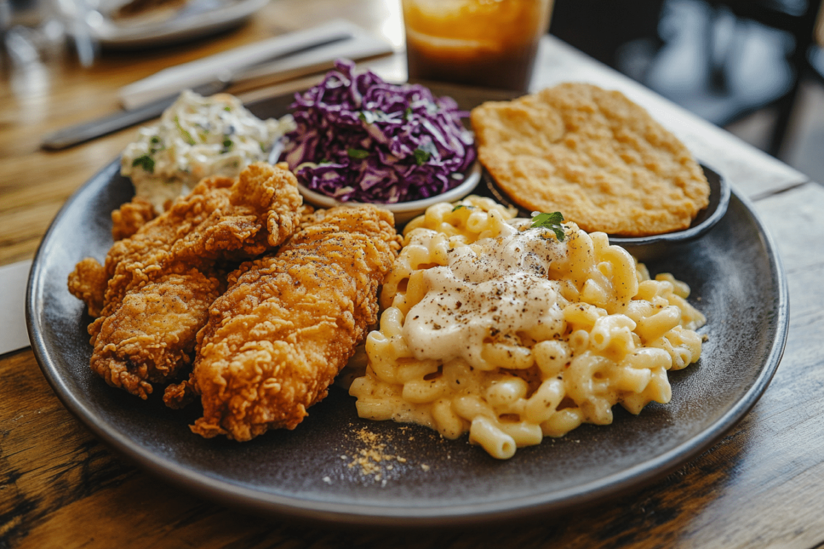 Plate of Southern fried chicken with sides of macaroni and cheese and cornbread