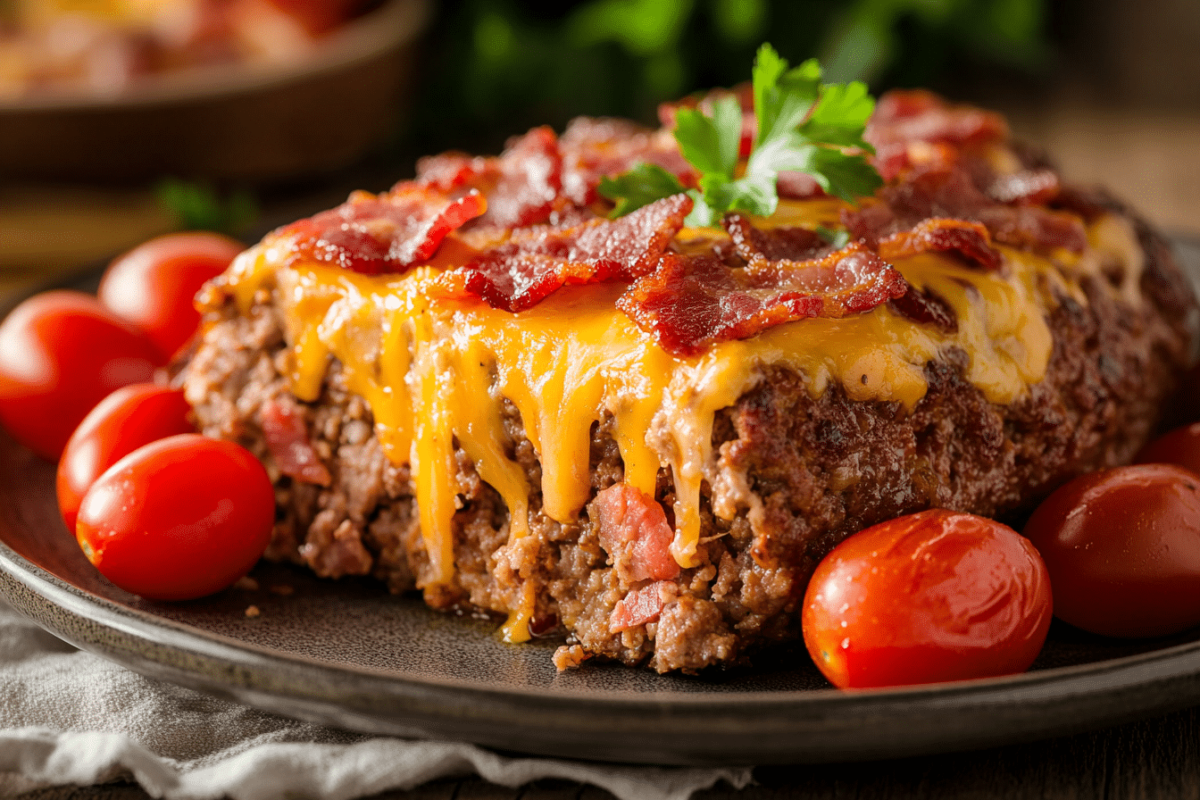 Juicy bacon-cheese meatloaf with cherry tomatoes.