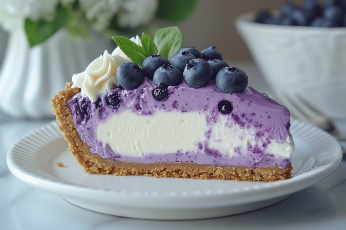 White chocolate blueberry cheesecake slice with fresh berries