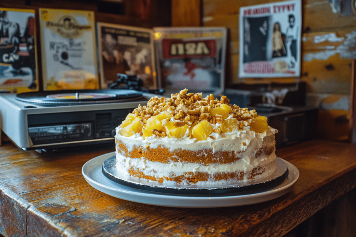Elvis Presley Cake with pineapple topping and pecans