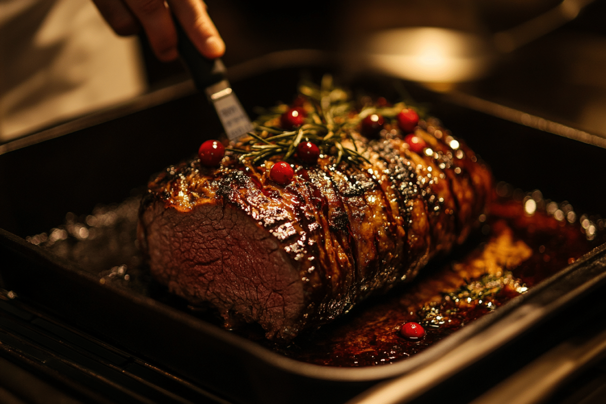 Cranberry Dijon Boeuf Loin Roast caramelizing in the oven