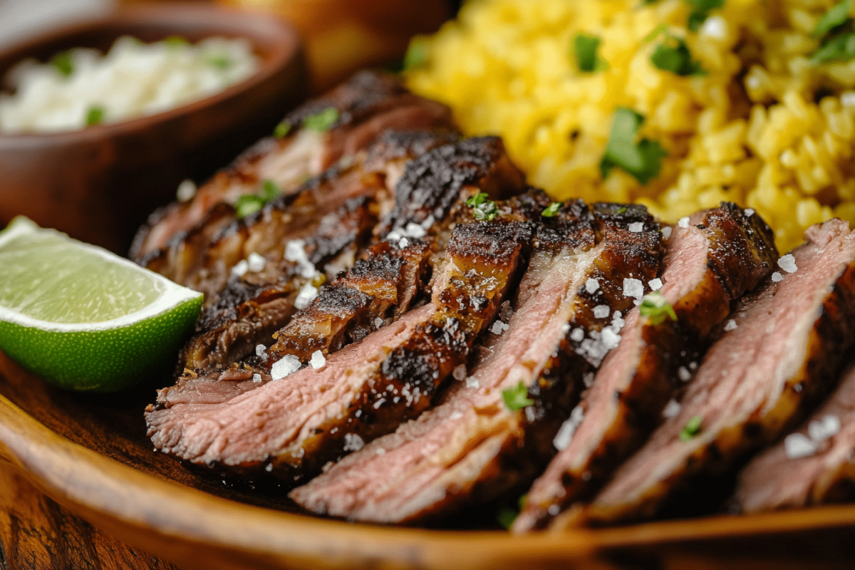 Sliced picanha with traditional Brazilian sides