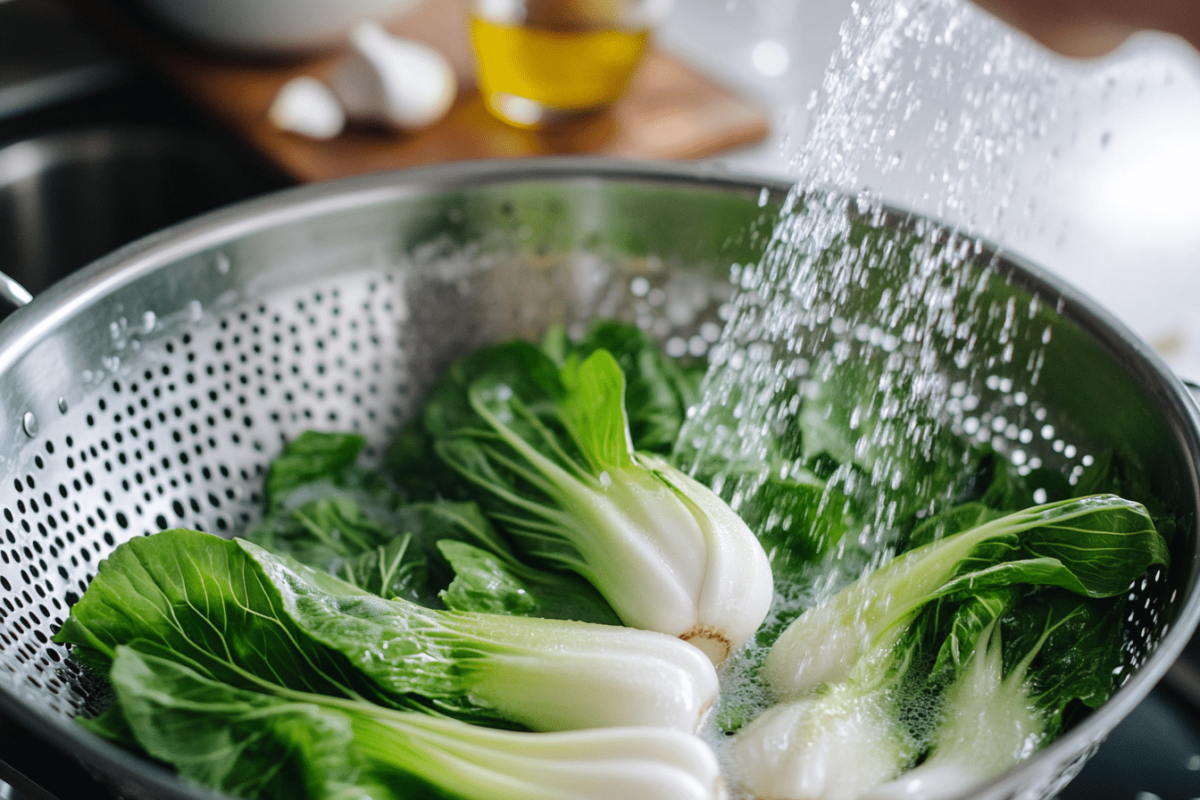  Fresh bok choy being washed under running water