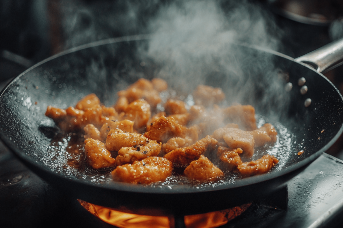 Close-up of fried chicken being cooked in a frying pan