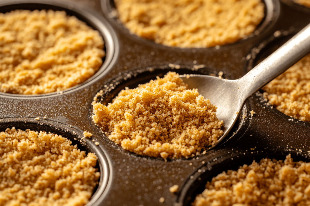 Graham cracker crust being pressed into a muffin tin