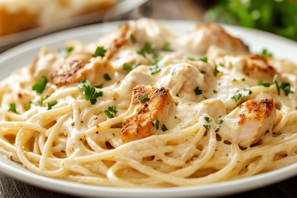 A steaming plate of creamy chicken spaghetti topped with melted cheese.