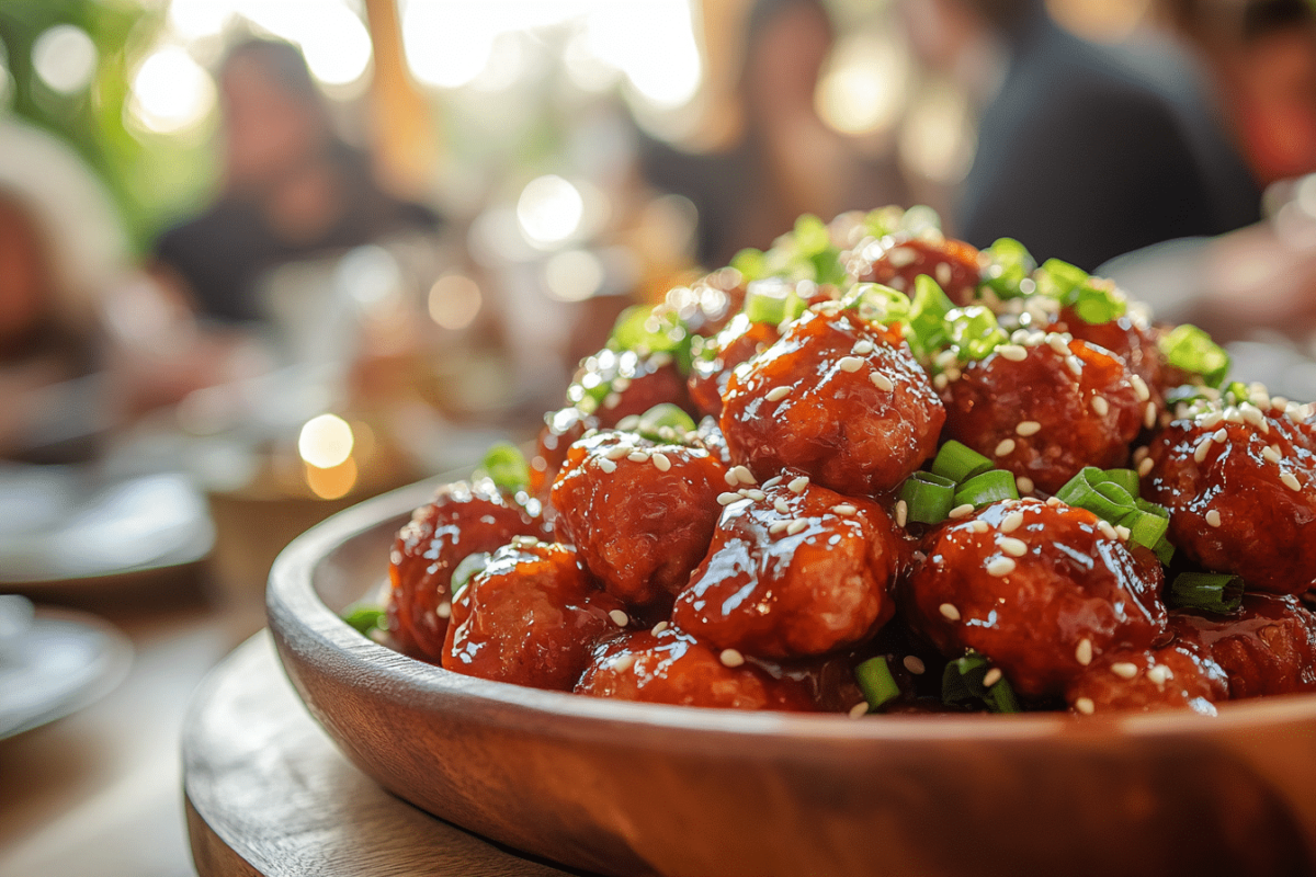 Sweet chili meatballs served on a wooden platter, garnished with green onions and sesame seeds.