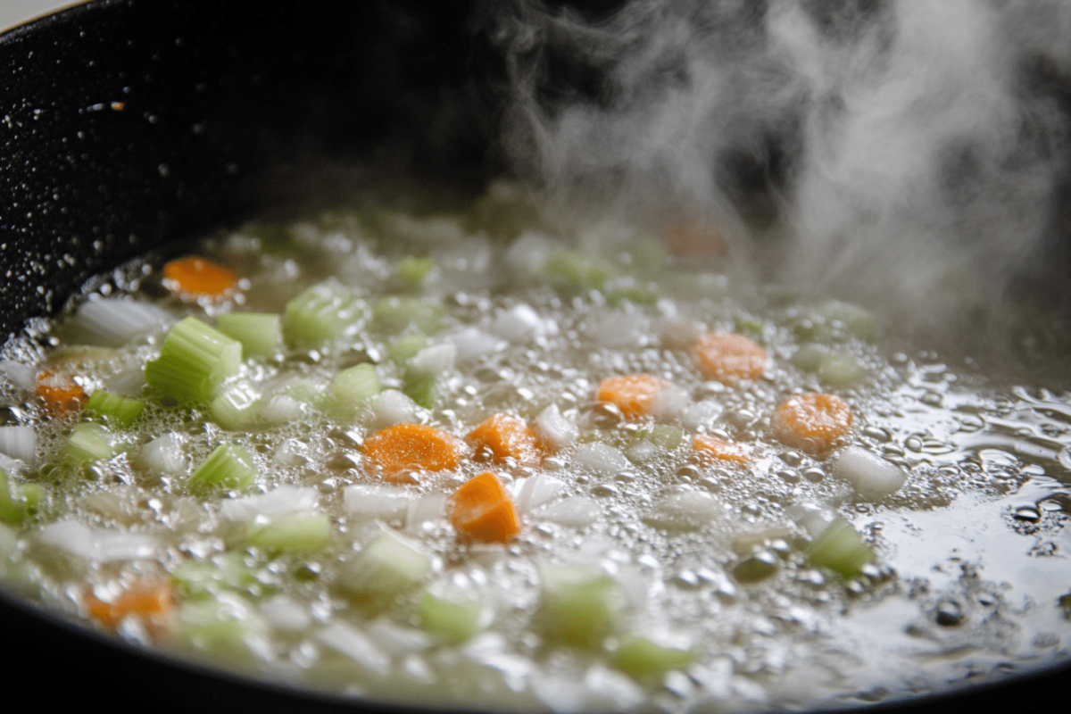 Sautéing onions, carrots, and celery in a skillet.