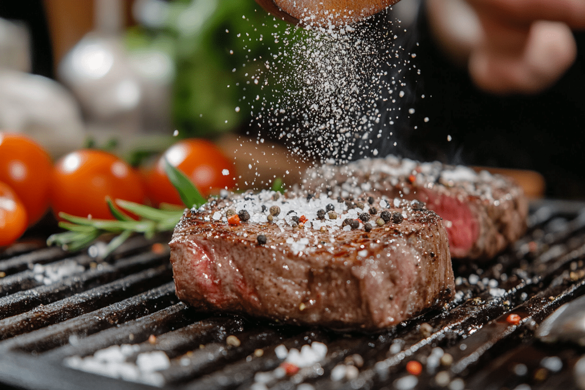 Chef seasoning picanha with coarse salt and pepper