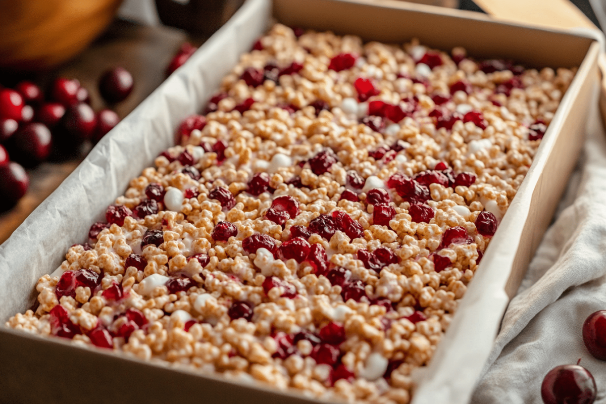 Pressing Cherry Rice Krispies Treats into a pan