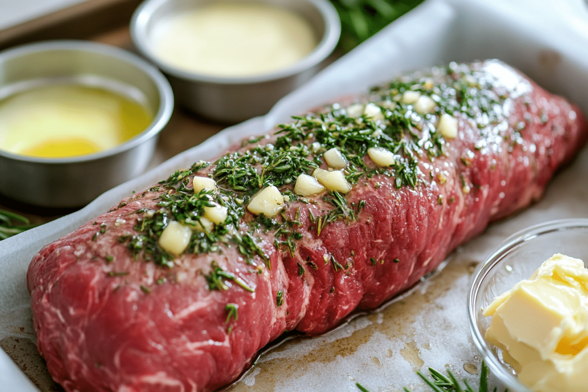 Raw beef tenderloin being brushed with garlic herb butter.
