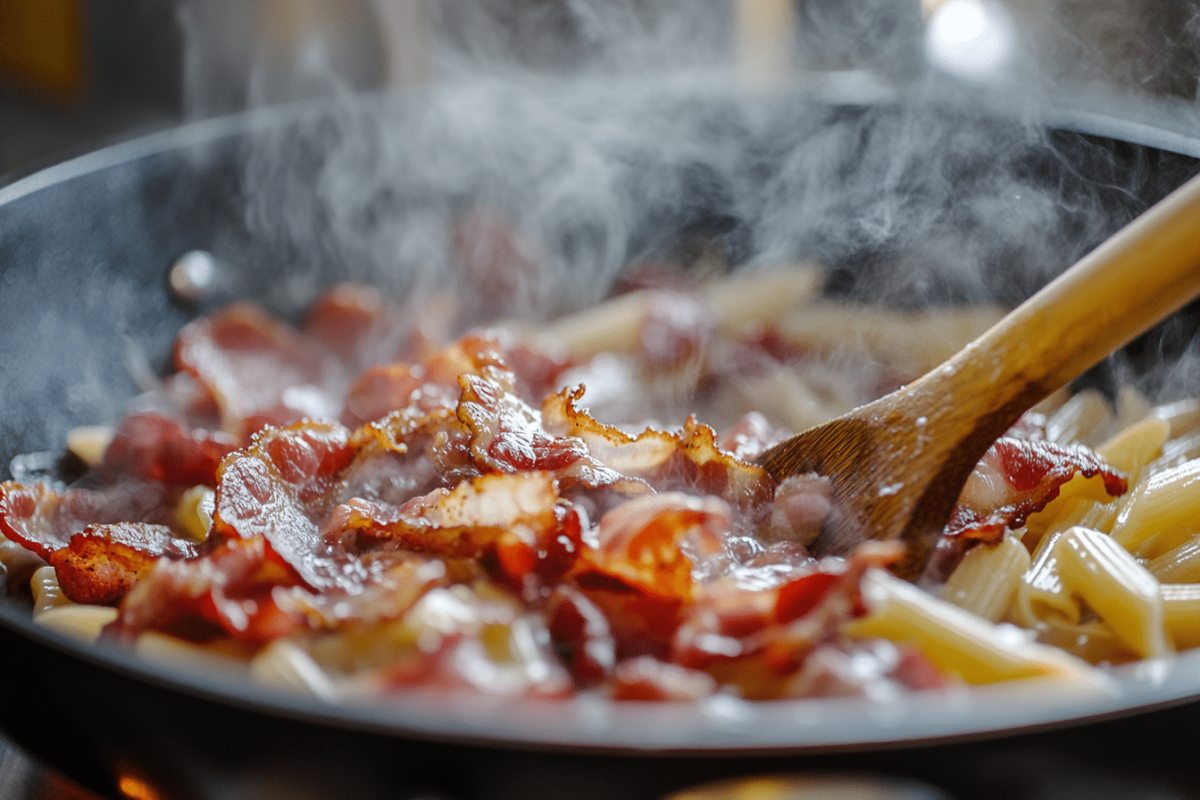 Crispy bacon cooking in a skillet for creamy bacon pasta
