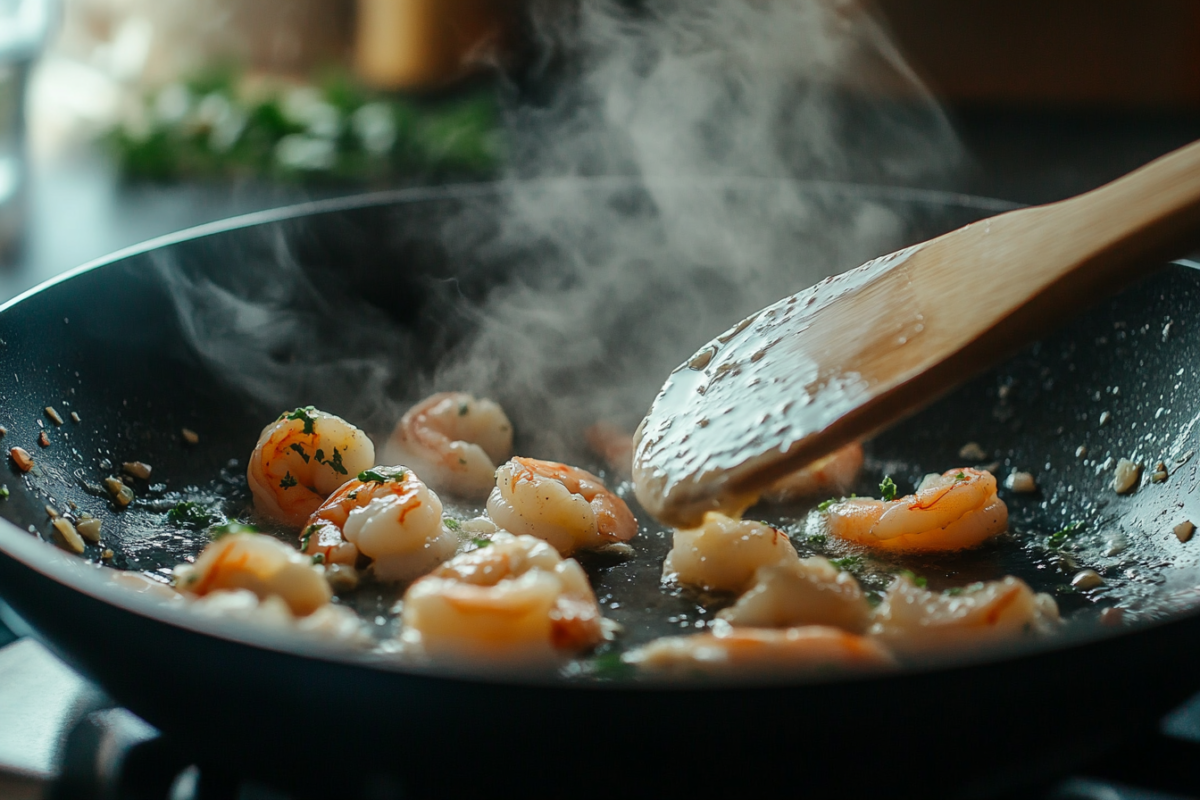 Shrimp cooking in a skillet with garlic butter and white wine.