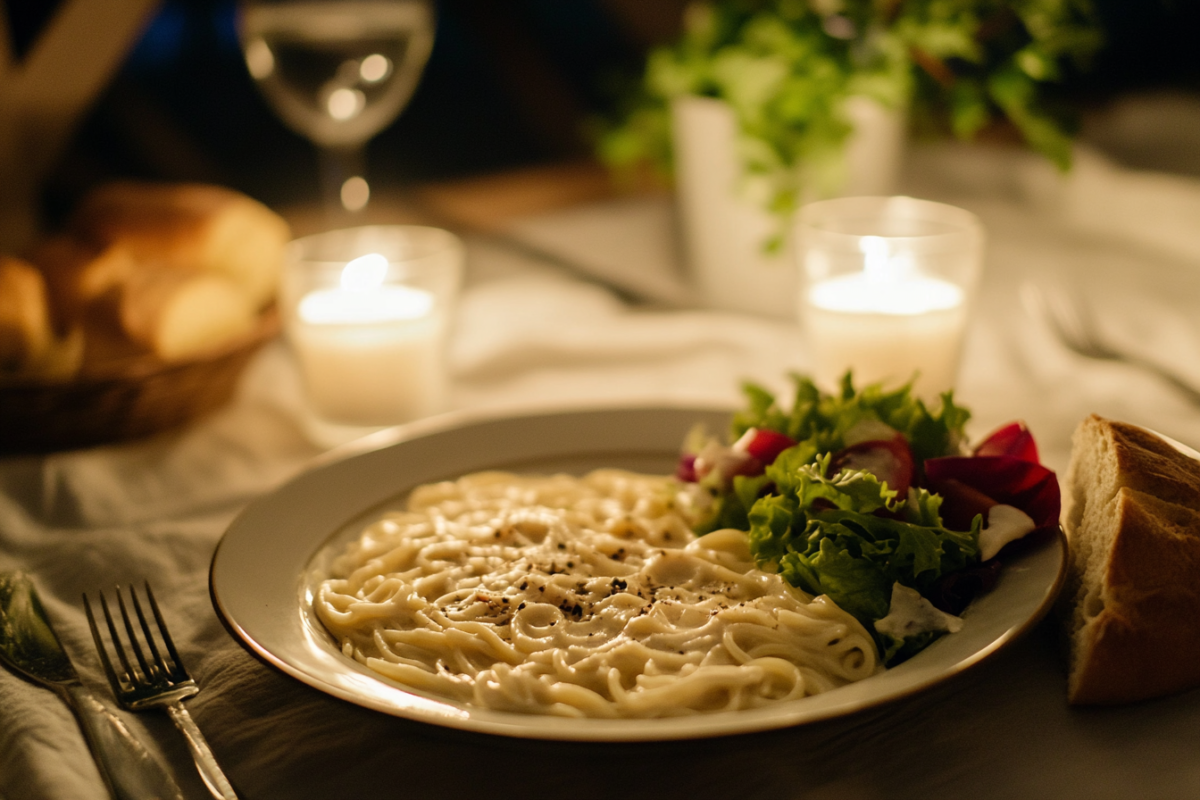 Skillet Chicken & Creamy Noodle Delight served with salad and bread