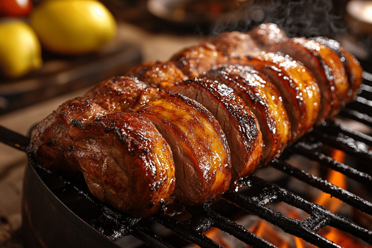 Grilled picanha roast on a charcoal BBQ with a fat cap