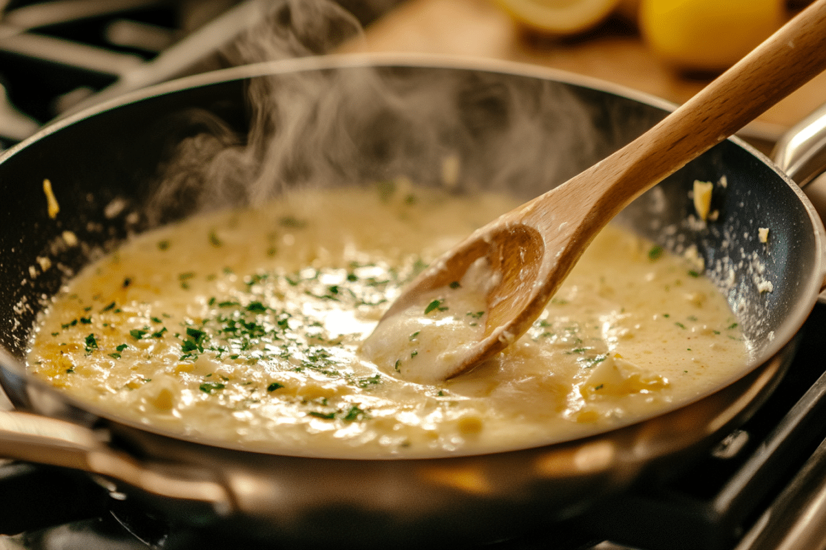 Garlic butter sauce simmering in a saucepan for lobster tails