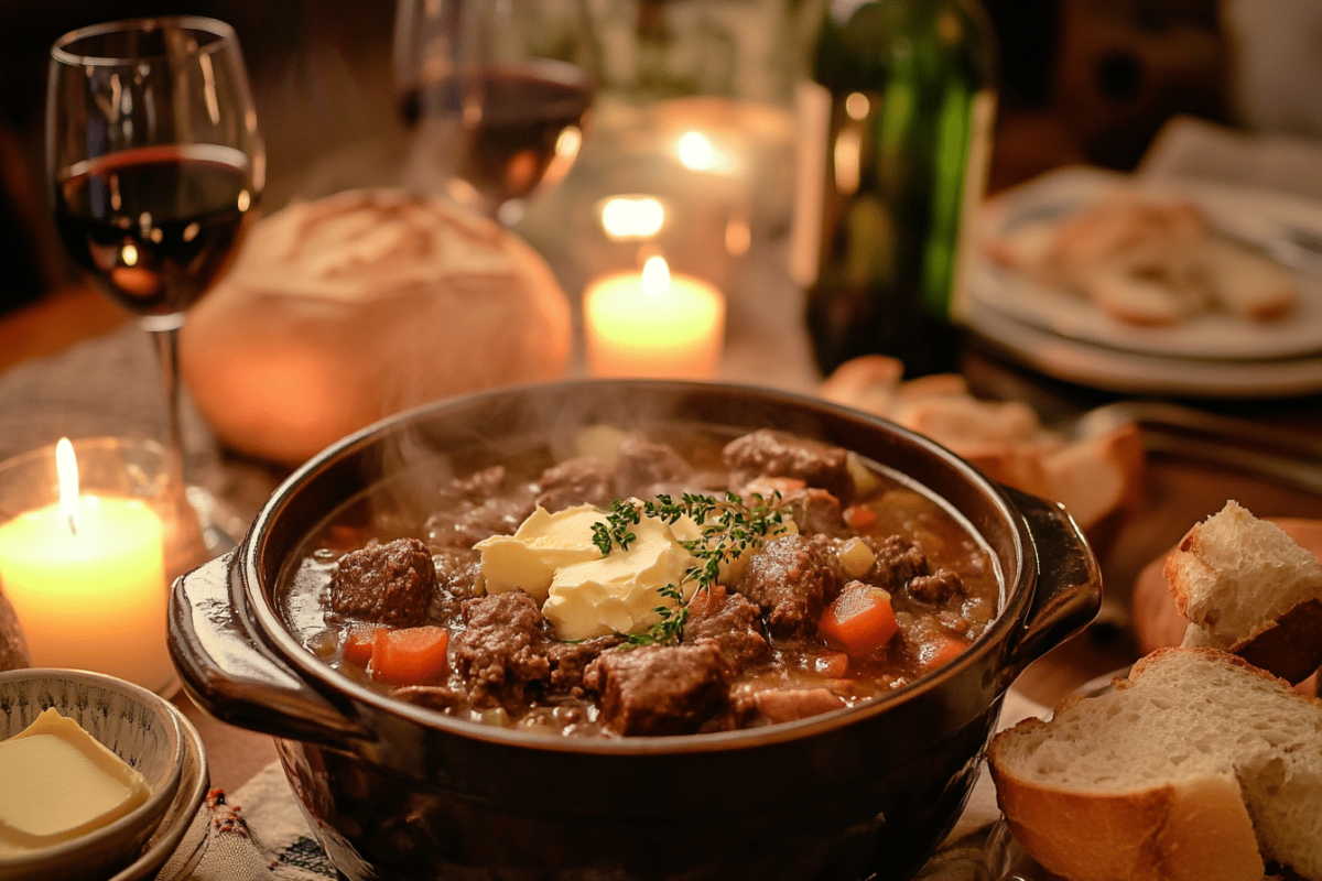 A family-style serving of hearty homestyle beef stew.
