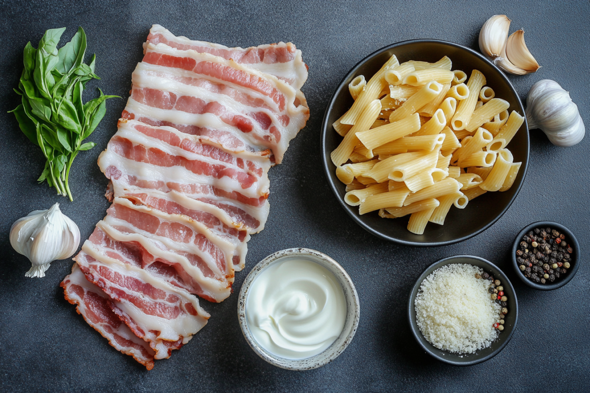 Ingredients for creamy bacon pasta on a kitchen counter