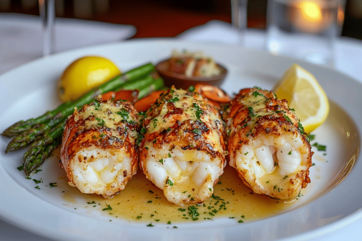 Garlic butter lobster tails plated elegantly with parsley and lemon.