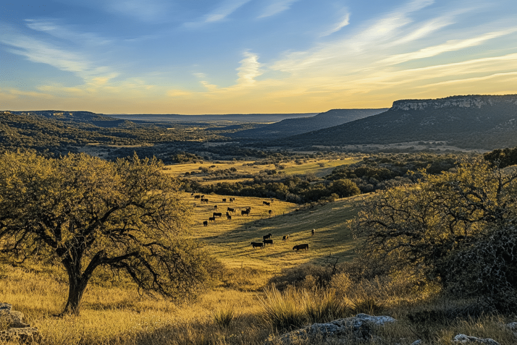 Texas ranch landscape with cattle grazing at dawn