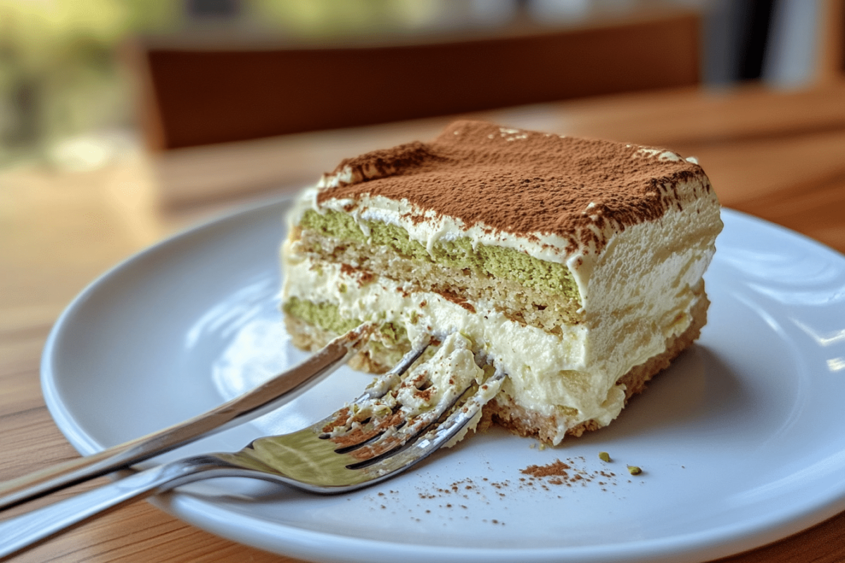 A slice of homemade pistachio tiramisu on a white plate with crushed pistachios on top