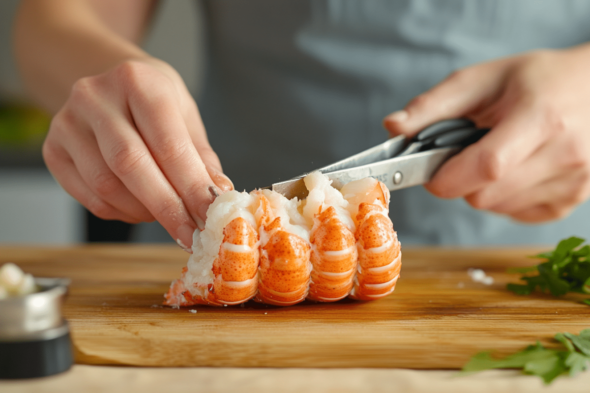 "Step-by-step preparation of lobster tails, showing careful butterflying with kitchen scissors.