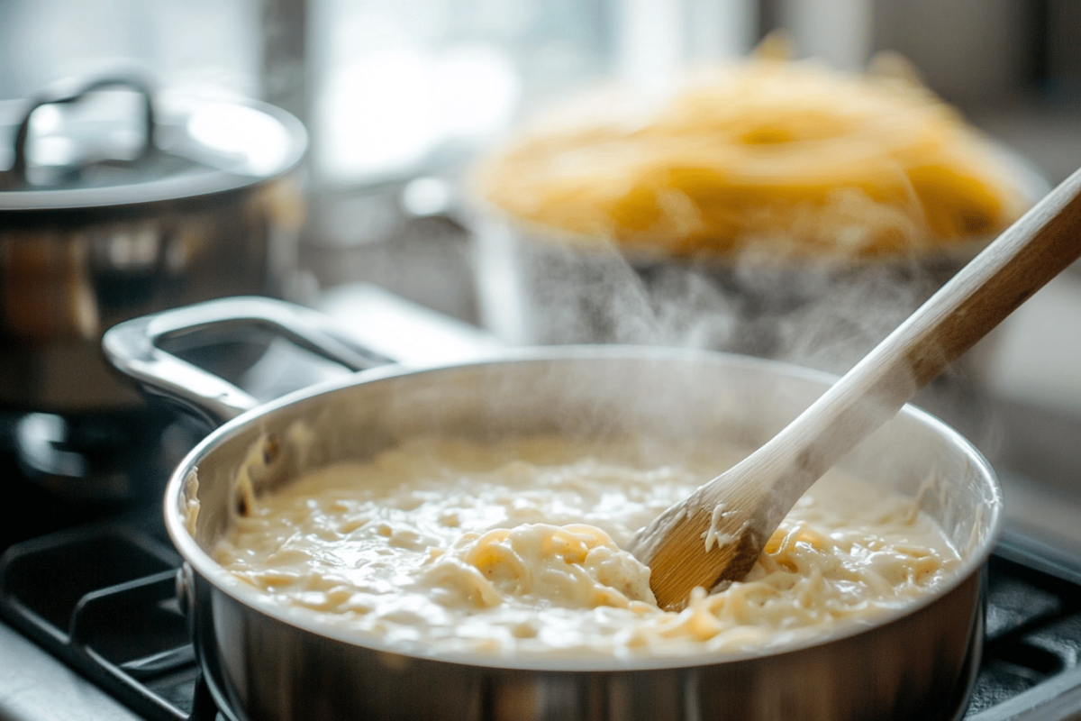 Cooking creamy chicken spaghetti in a pan with cheese melting.