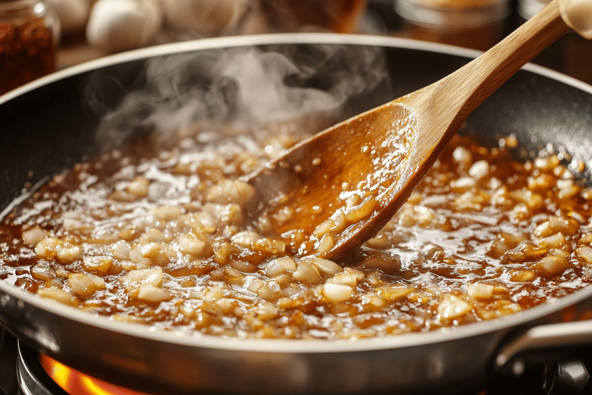 Garlic sauce being prepared in a pan