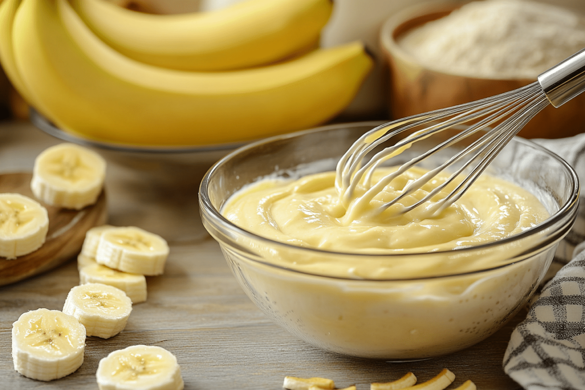 Smooth banana cream filling being whisked in a bowl
