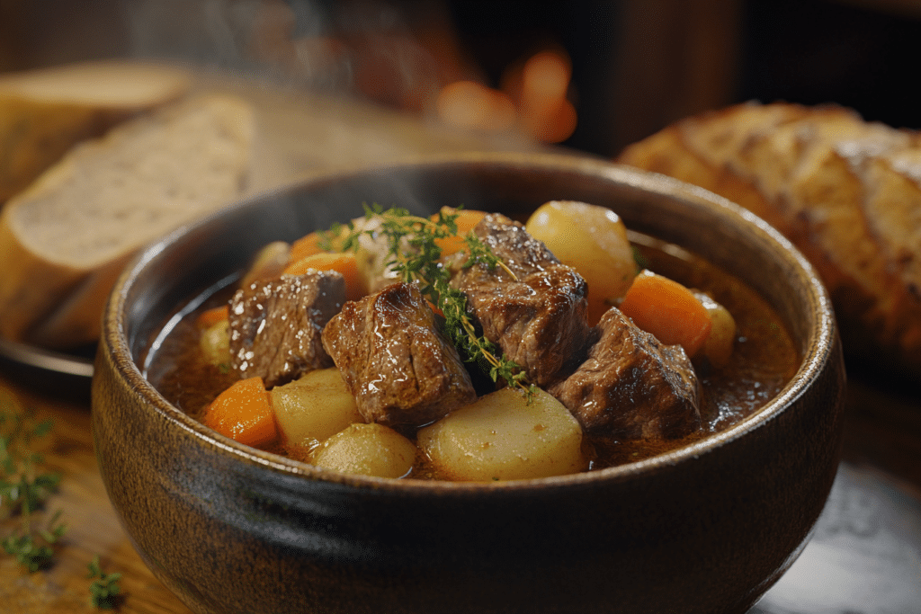 Rustic homestyle beef stew with tender beef, carrots, and potatoes.