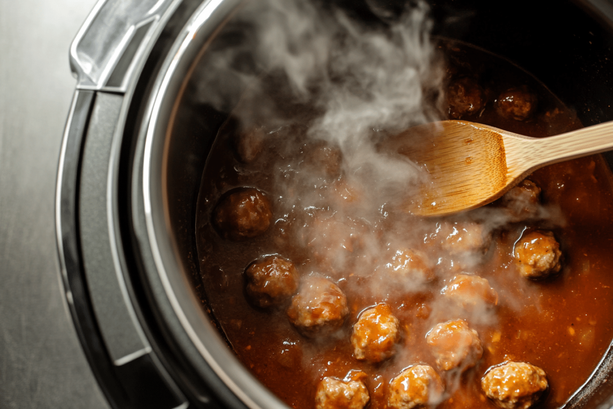 Sweet chili meatballs simmering in a slow cooker with sauce.