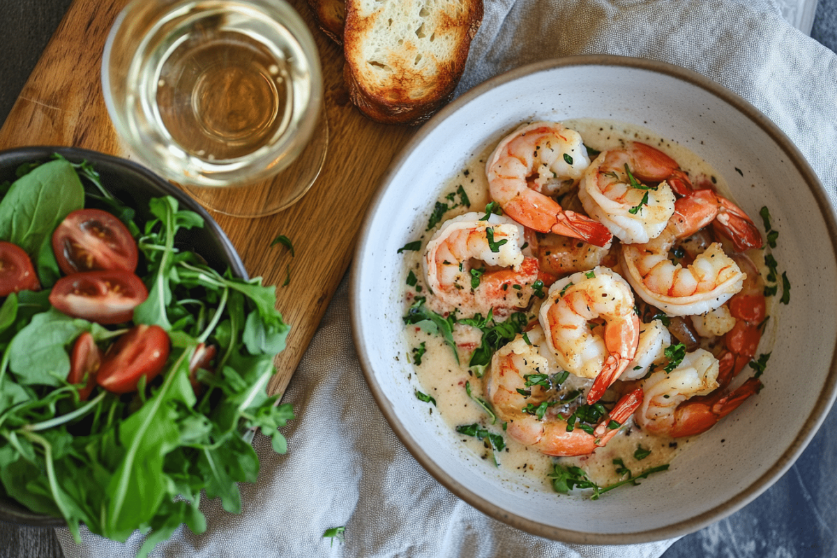 Shrimp Scampi Bowl served with garlic bread and white wine