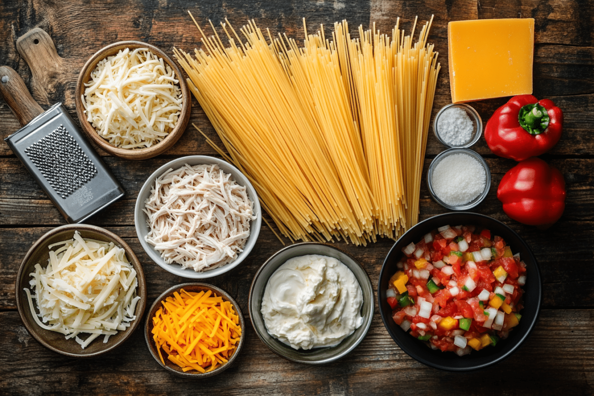 Flat lay of ingredients for creamy chicken spaghetti