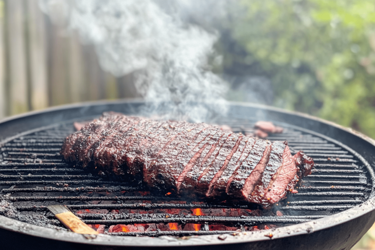  Texas barbecue pit with brisket sizzling on the grill