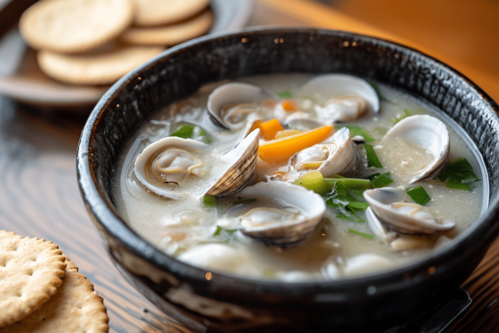 A bowl of creamy New England clam chowder with crackers.