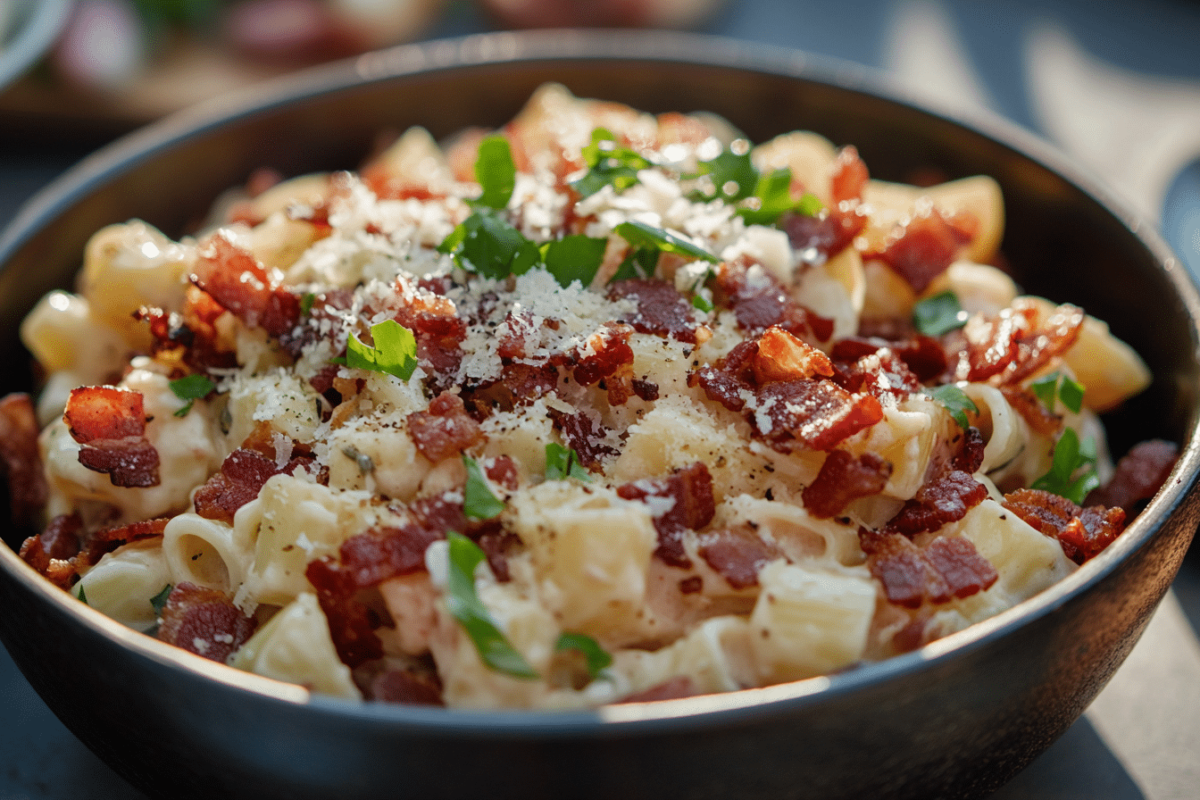 Ingredients for creamy bacon pasta on a kitchen counter
