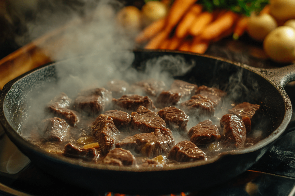 Browning beef chunks in a cast iron pot for beef stew.