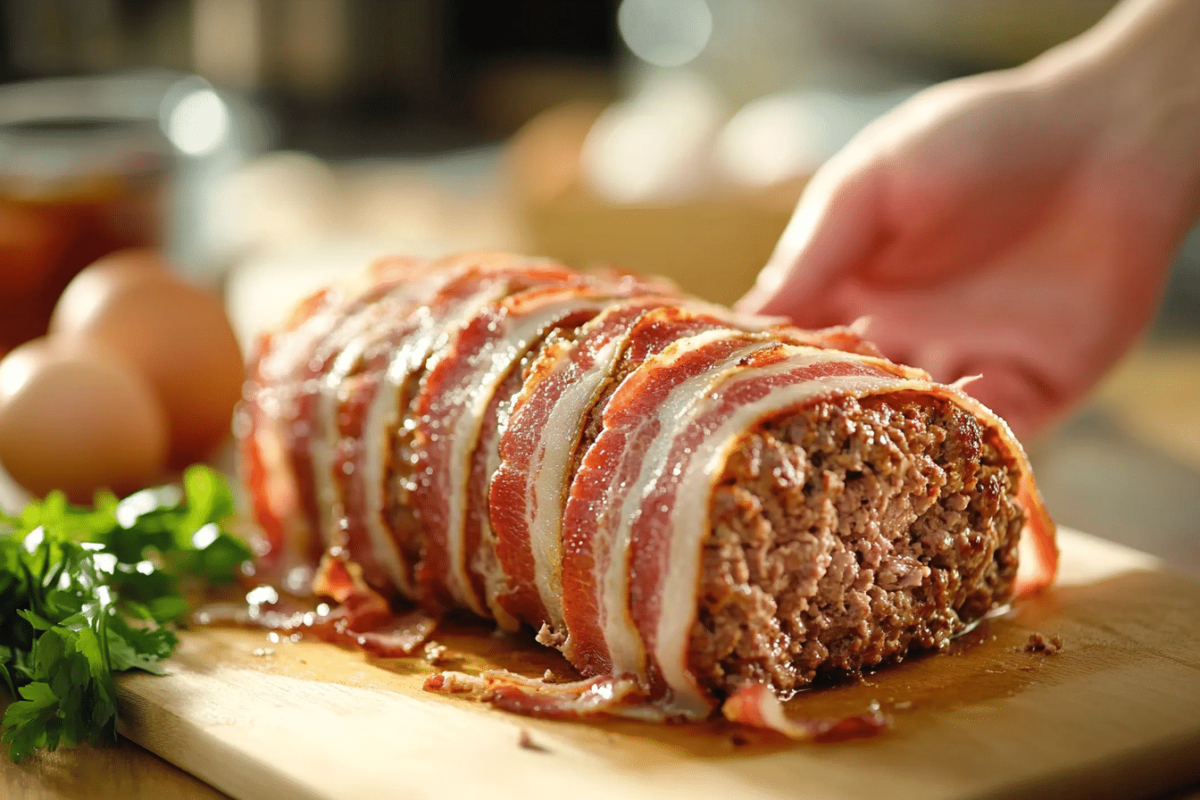 Wrapping meatloaf with thick-cut bacon.