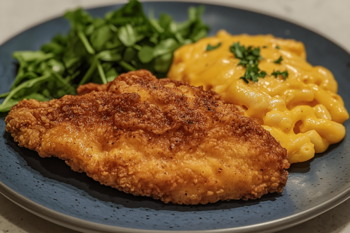 placing fried chicken on a plate with mac and cheese