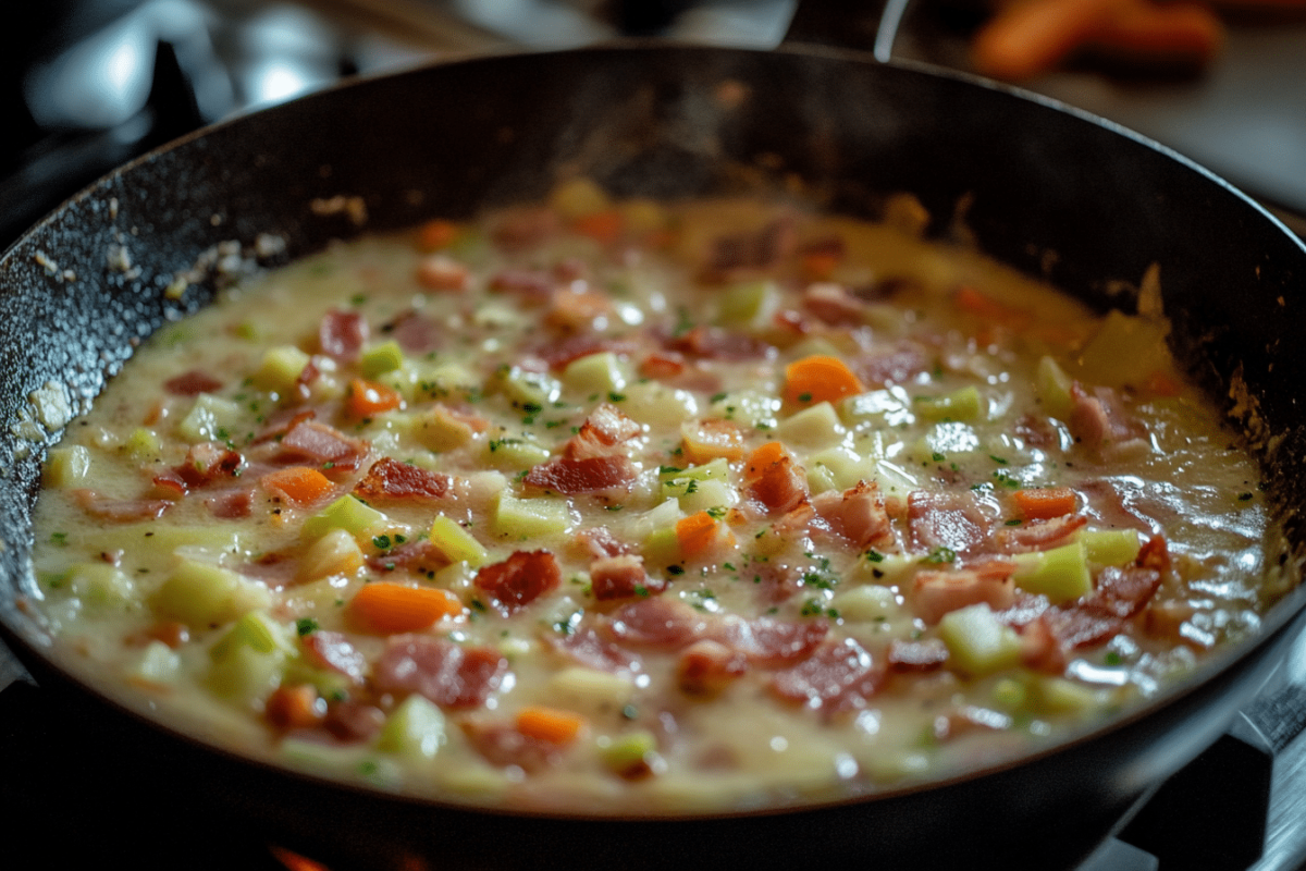 Sautéing bacon and mirepoix for clam chowder